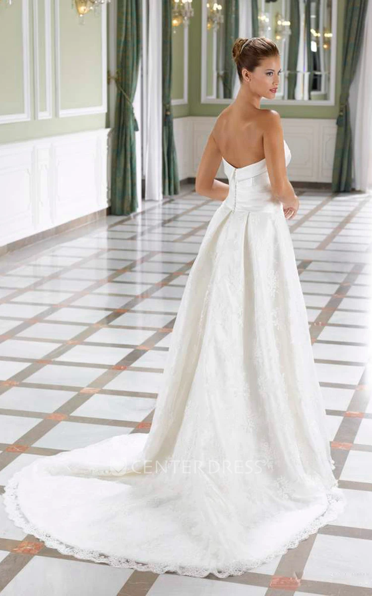 A-Line Sleeveless Strapless Floor-Length Satin&Lace Wedding Dress With Court Train And Backless Style