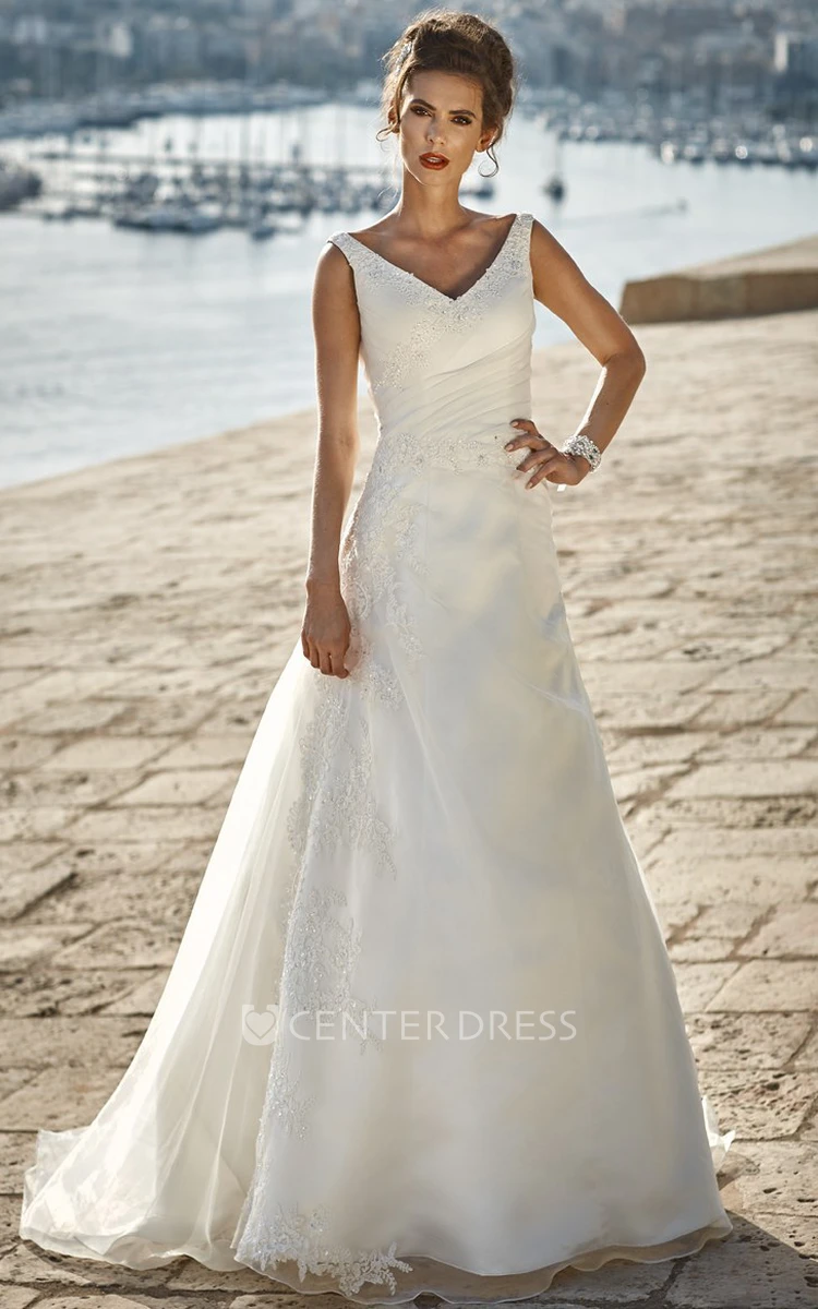 A-Line Sleeveless V-Neck Maxi Side-Draped Satin&Lace Wedding Dress