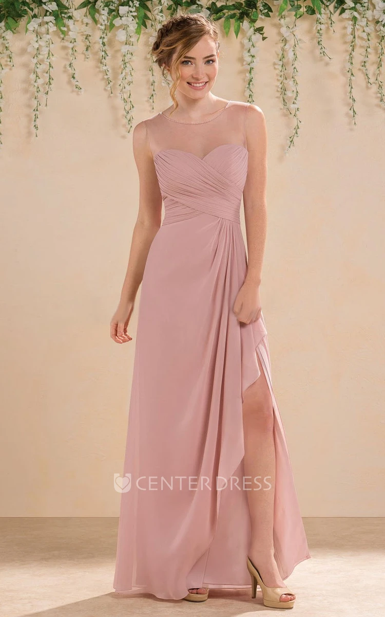 Cap-Sleeved A-Line Bridesmaid Dress With Illusion Keyhole Back And Side Slit