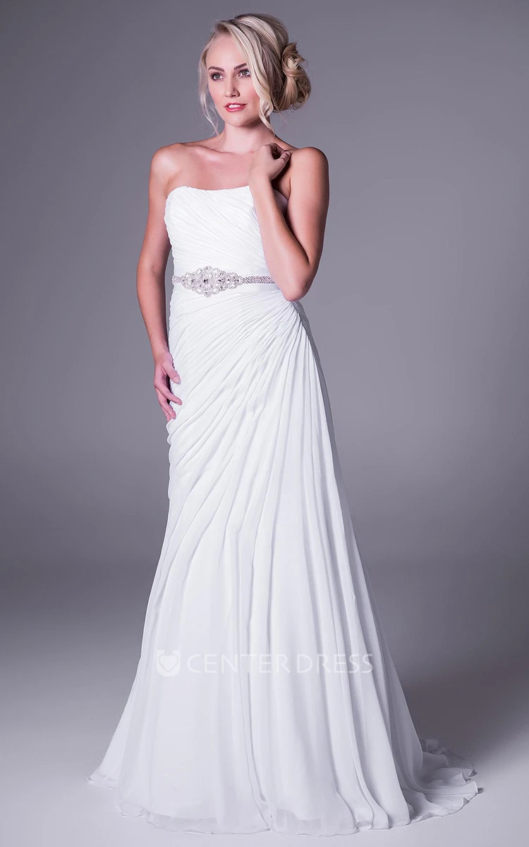 A-Line Sleeveless Strapless Side-Draped Long Chiffon Wedding Dress With Waist Jewellery