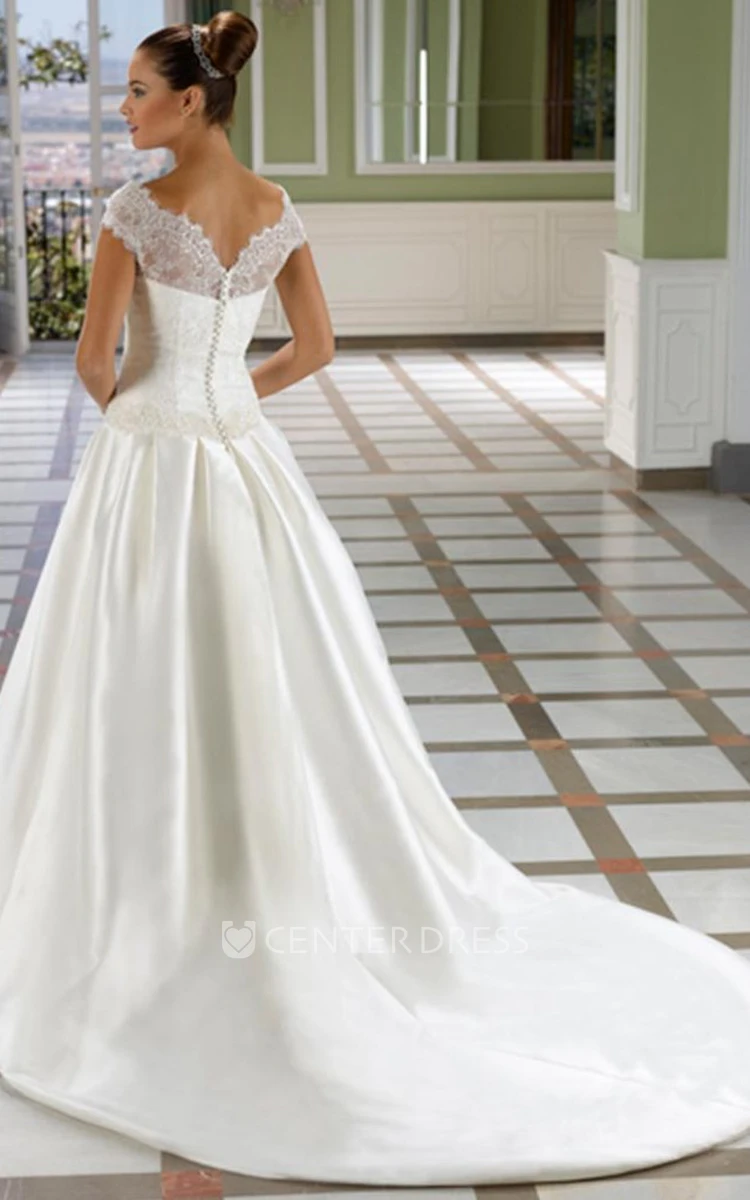 A-Line Off-The-Shoulder Appliqued Satin Wedding Dress With Court Train