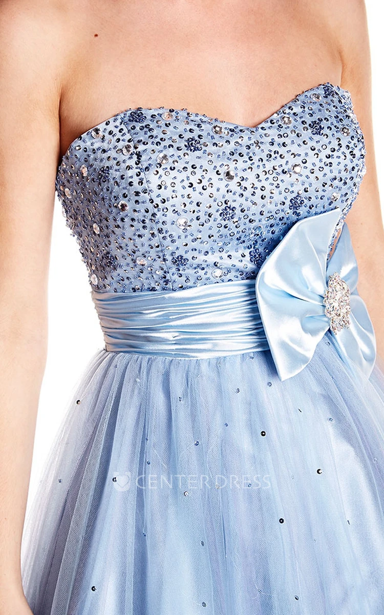 A-Line Sleeveless Strapless Long Beaded Tulle&Satin Prom Dress With Bow