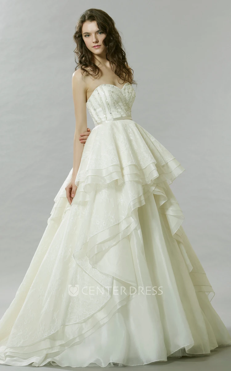 A-Line Sleeveless Sweetheart Beaded Tulle Wedding Dress