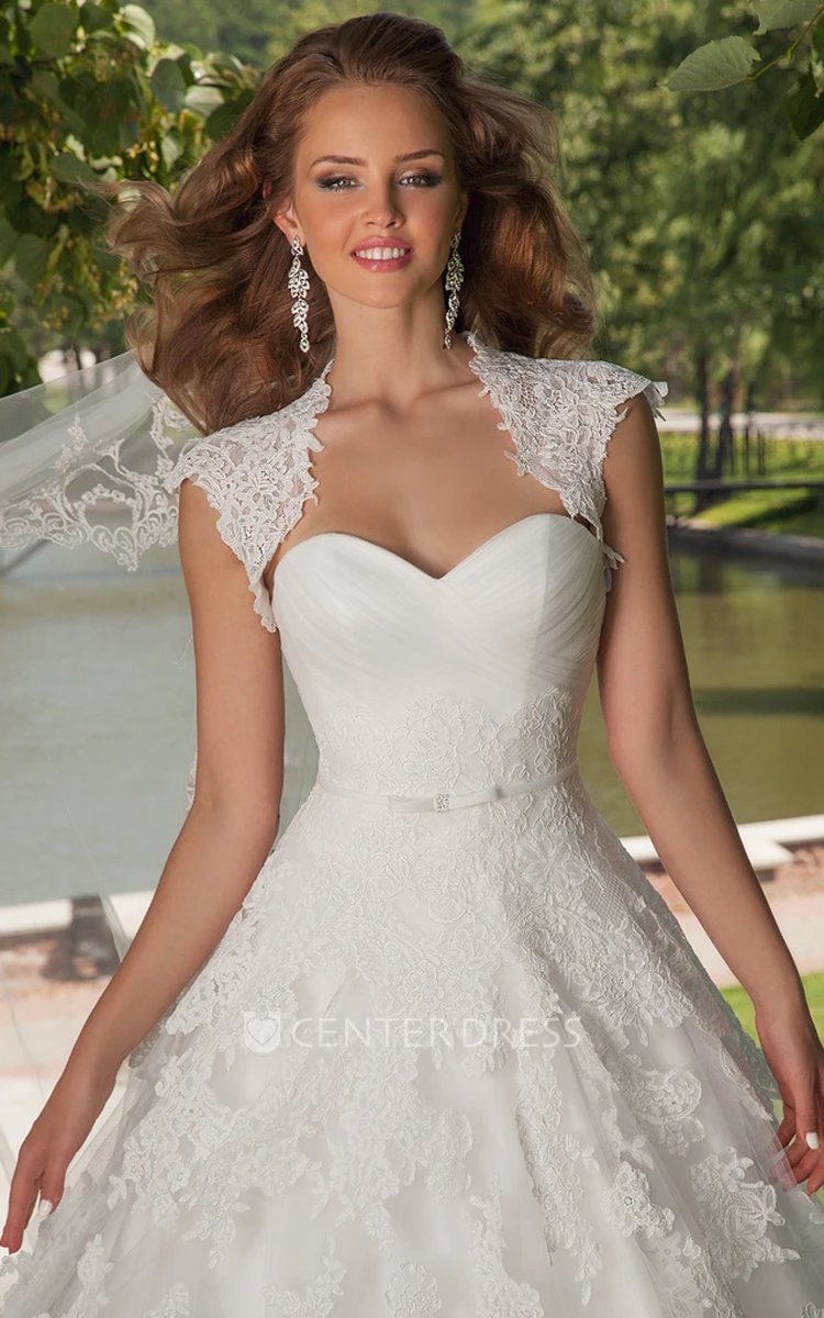 A-Line Cap-Sleeve Floor-Length Ruched Sweetheart Tulle Wedding Dress With Appliques And Cape