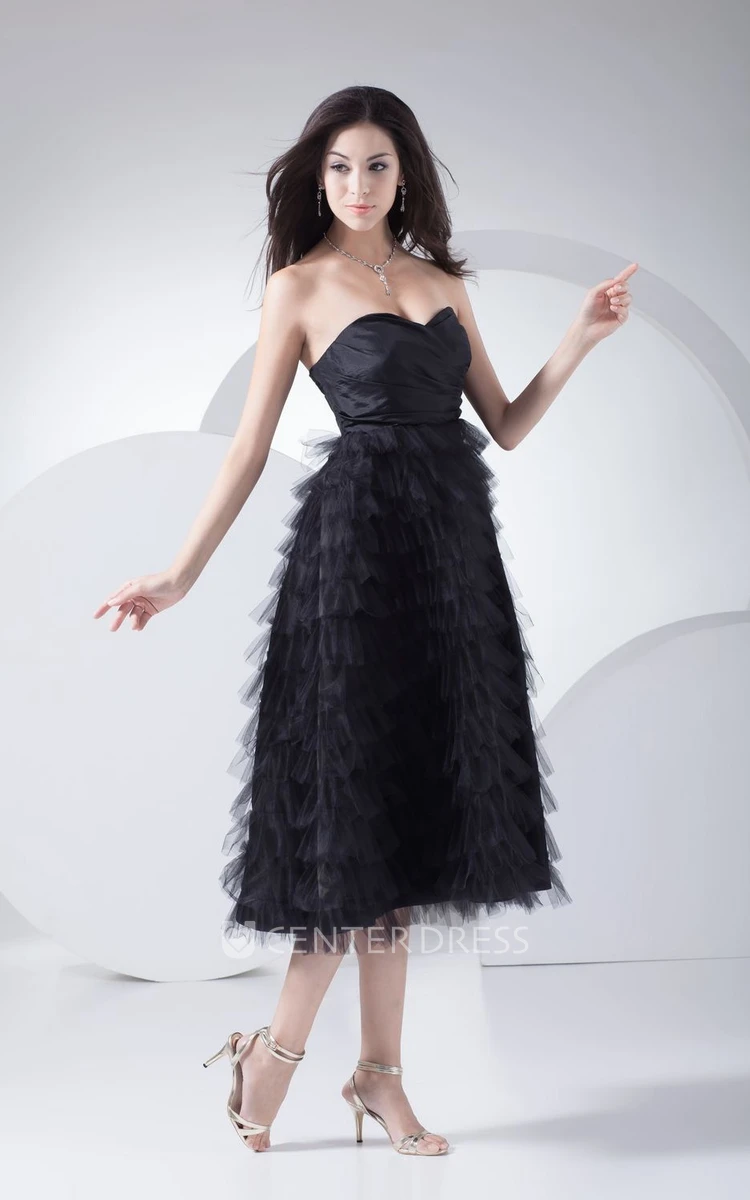 Sweetheart A-Line Tea-Length Tulle Formal Dress With Tiers and Ruching