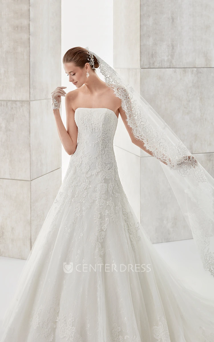 Simple Strapless A-line Wedding Dress with Appliques and Brush Train