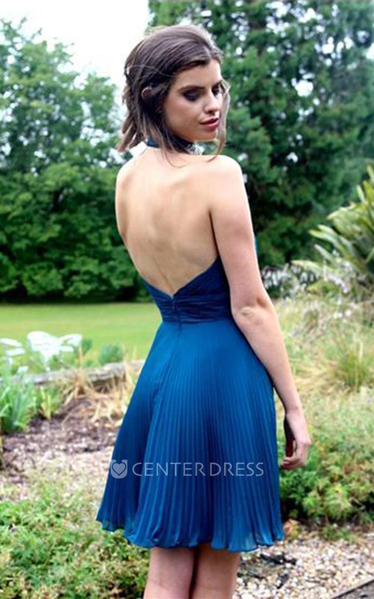 A-Line Mini Sleeveless Beaded High Neck Prom Dress With Backless Style And Pleats