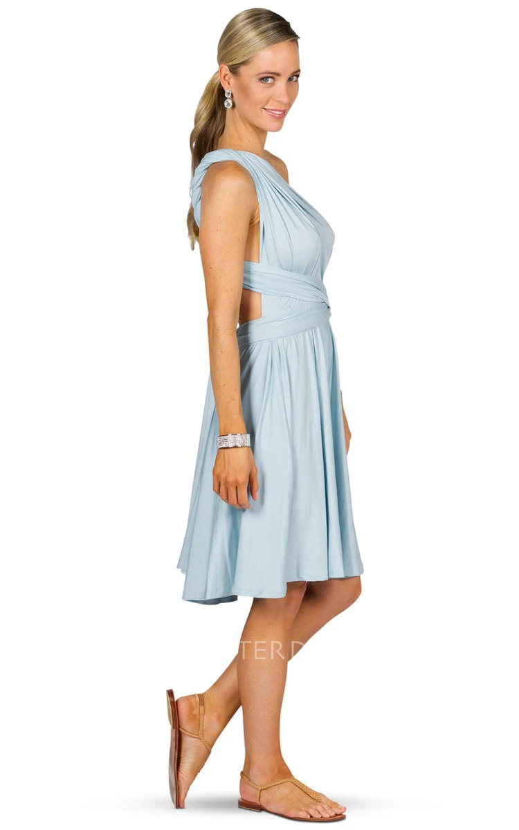 Sleeveless V-Neck Knee-Length Chiffon Convertible Bridesmaid Dress With Ribbon And Straps