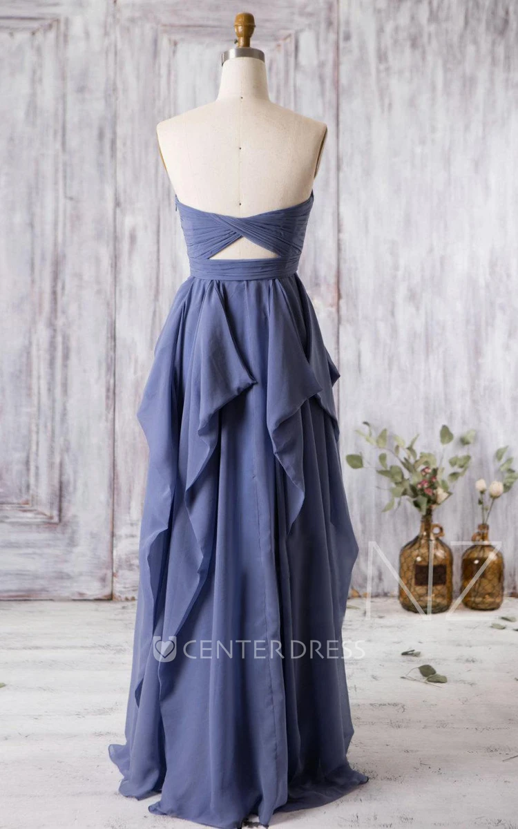 Sweetheart Empire Pleated A-line Chiffon Long Dress With Ruffles and Keyhole