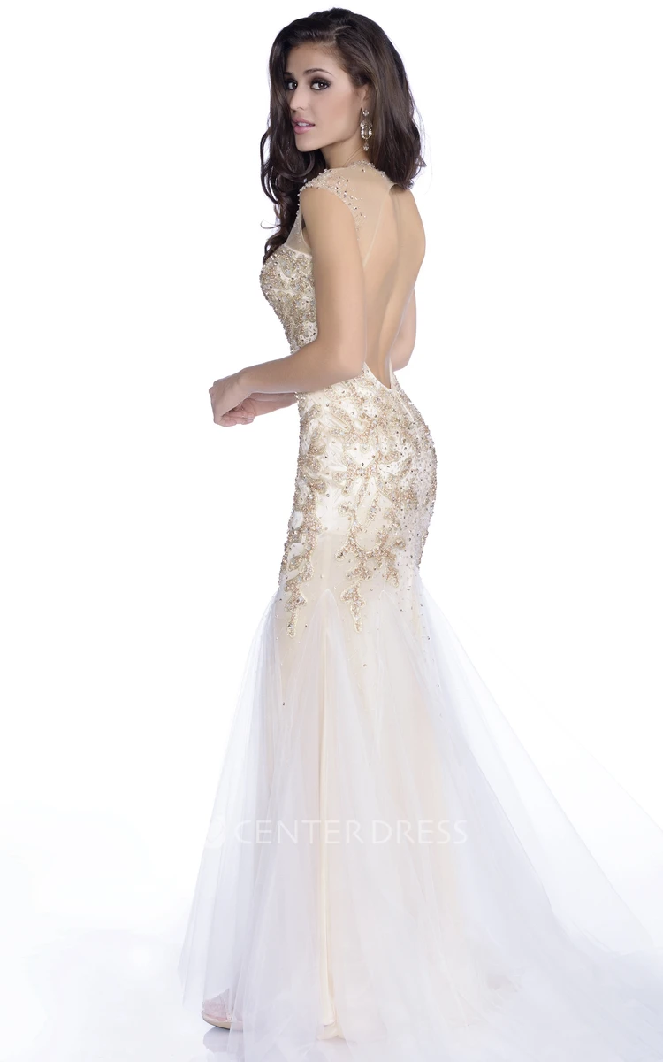 Form-Fitted Tulle Sweetheart Jeweled Gown With Keyhole Back