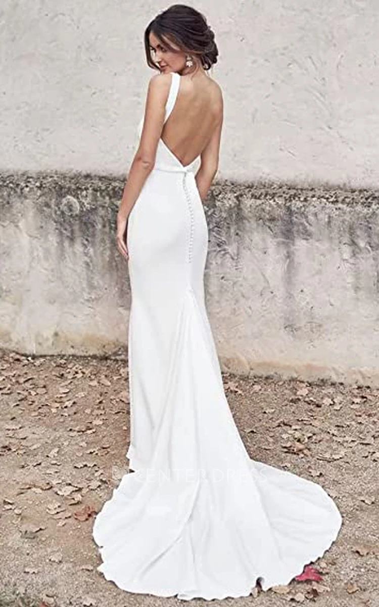 Mermaid Wedding Dress with V-neck and Open Back in Satin Romantic Satin V-neck Wedding Dress