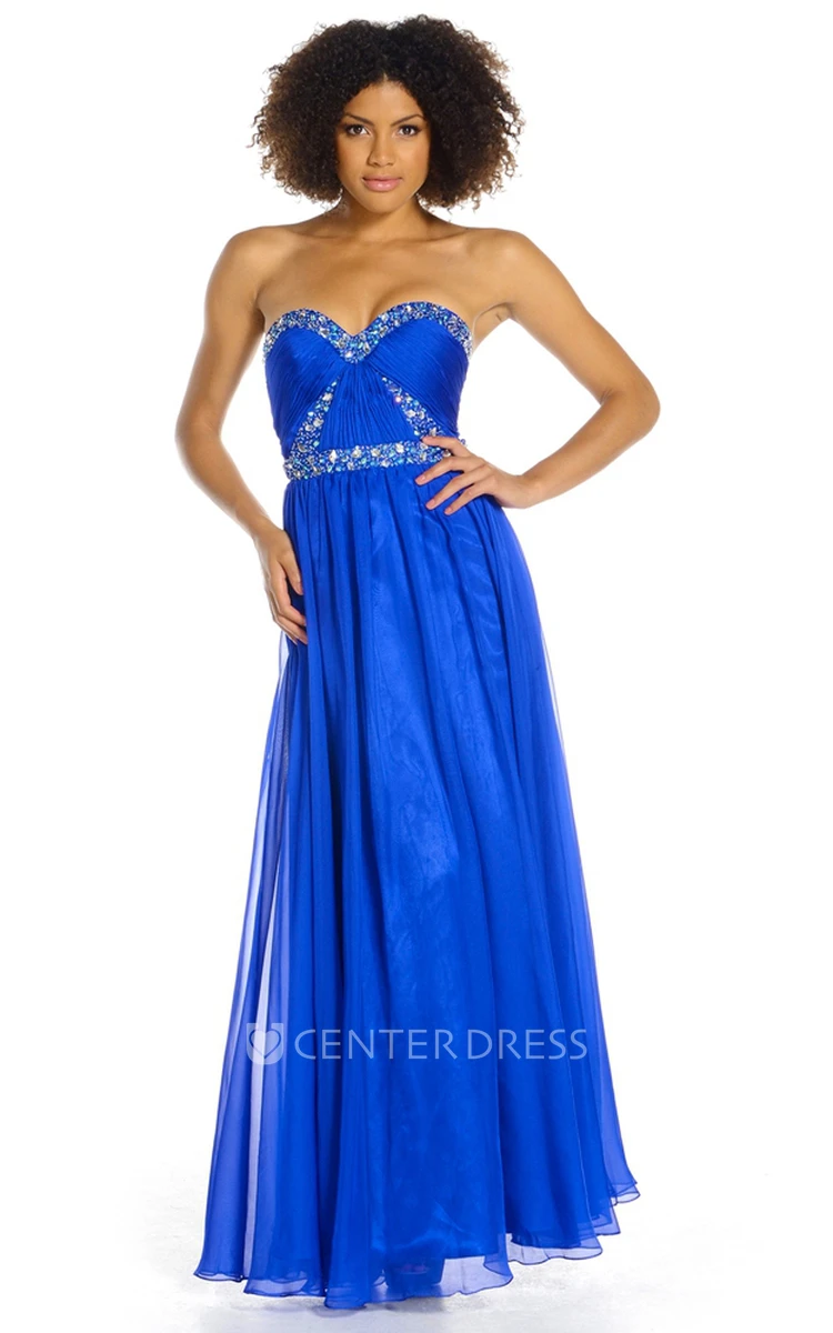 A-Line Sleeveless Ankle-Length Beaded Sweetheart Chiffon Prom Dress With Backless Style And Ruching