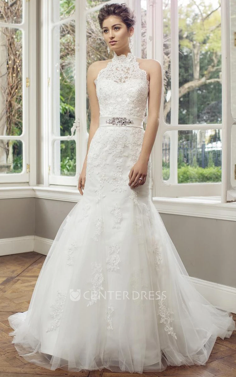 Mermaid Floor-Length Appliqued High Neck Sleeveless Lace&Tulle Wedding Dress With Waist Jewellery And Lace-Up Back