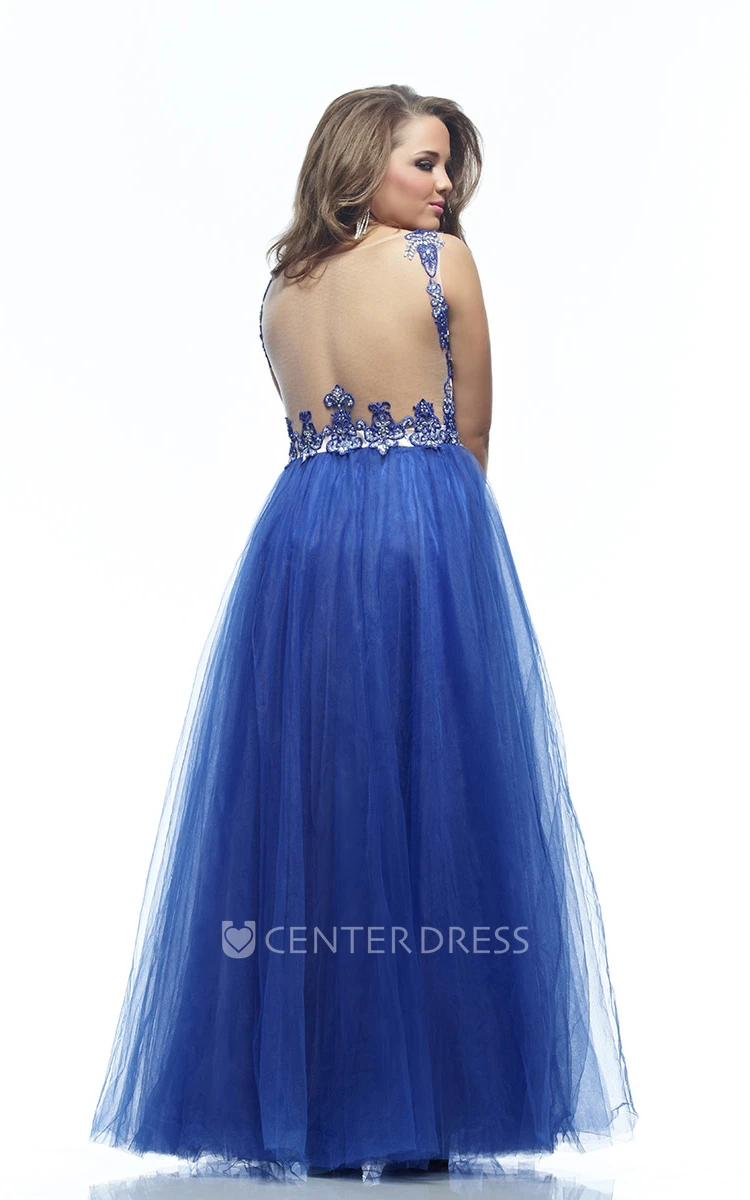 A-line Floor-length Scoop Sleeveless Tulle Appliques Pleats Illusion Dress
