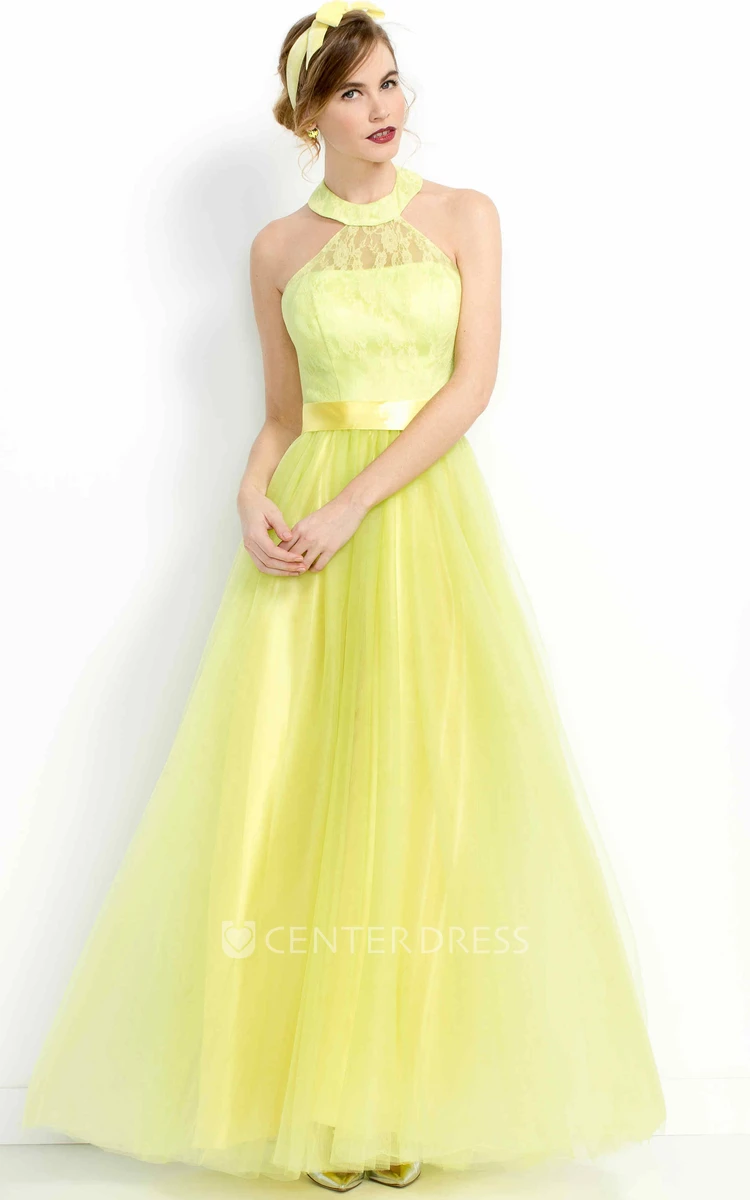A-Line Long High-Neck Sleeveless Tulle Prom Dress
