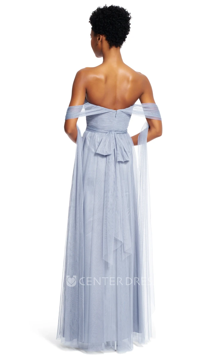 A-Line Strapped Maxi Sleeveless Ruched Tulle Bridesmaid Dress With Sash