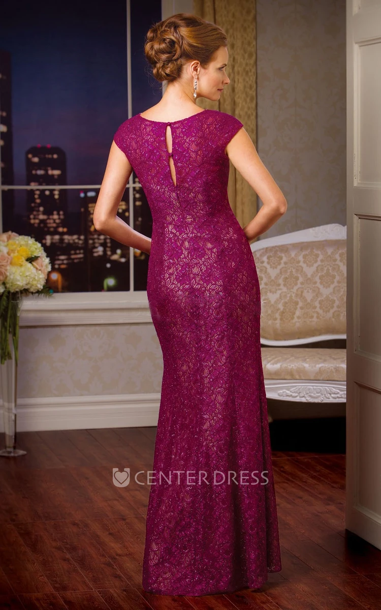 Cap-Sleeved Long Lace Mother Of The Bride Dress With Keyhole Back