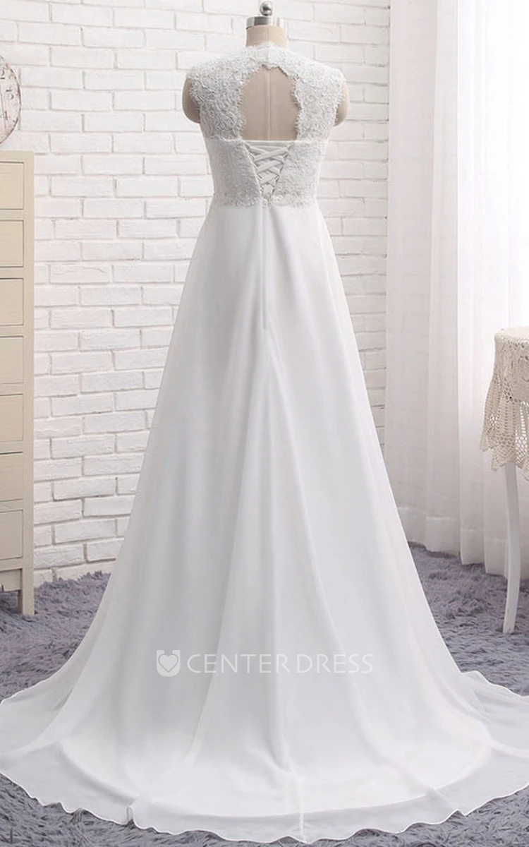 A-line Lace-up Chiffon Empire Elegant Queen Anne Lace Wedding Dress With Key Hole