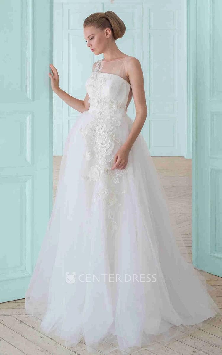 A-Line Sleeveless Floral Long Tulle Wedding Dress With Appliques