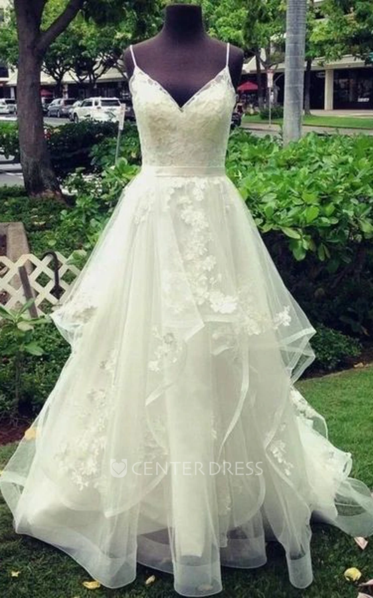 Adorable V-neck Tulle Sleeveless Spaghetti Wedding Dress With Floral Appliques And Ruffles