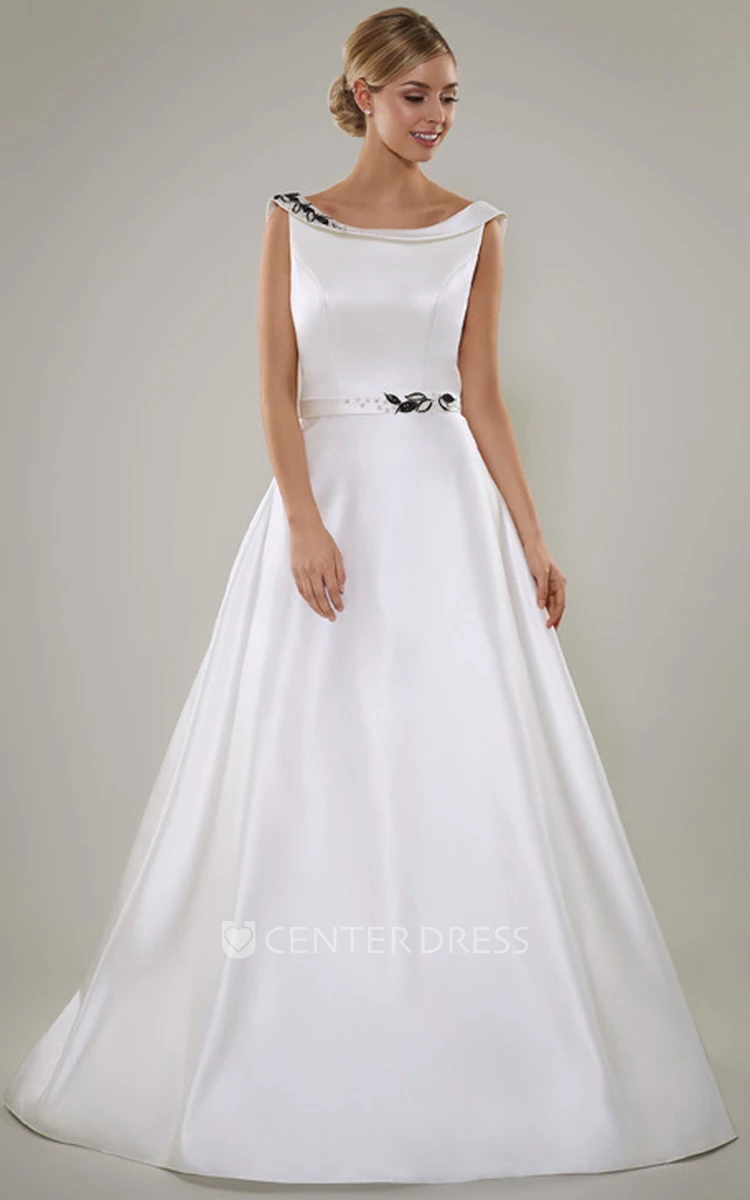 A-Line Sleeveless Scoop Floor-Length Beaded Satin Wedding Dress With Deep-V Back And Sweep Train