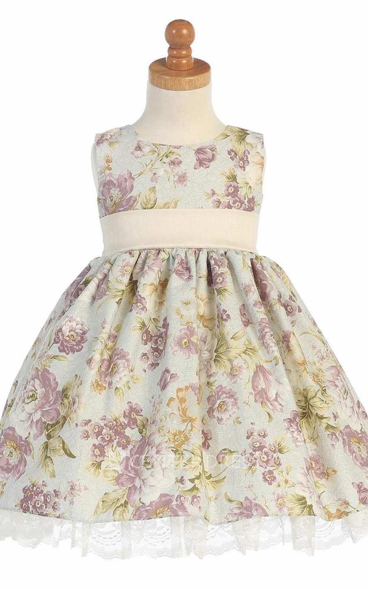 Tea-Length Floral Empire Tiered Lace&Satin Flower Girl Dress