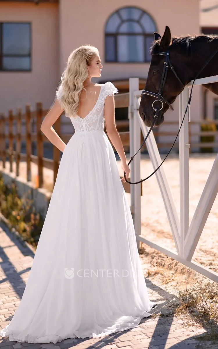 A-Line Chiffon Adorable Floor Length Sexy Front and Back Deep V Wedding Dress With Applique