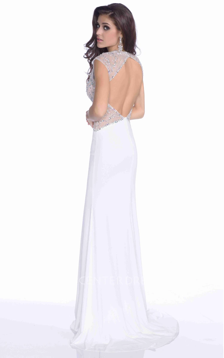 Jersey Mermaid Sleeveless V-Neck Prom Dress With Keyhole Back And Sequined Bodice