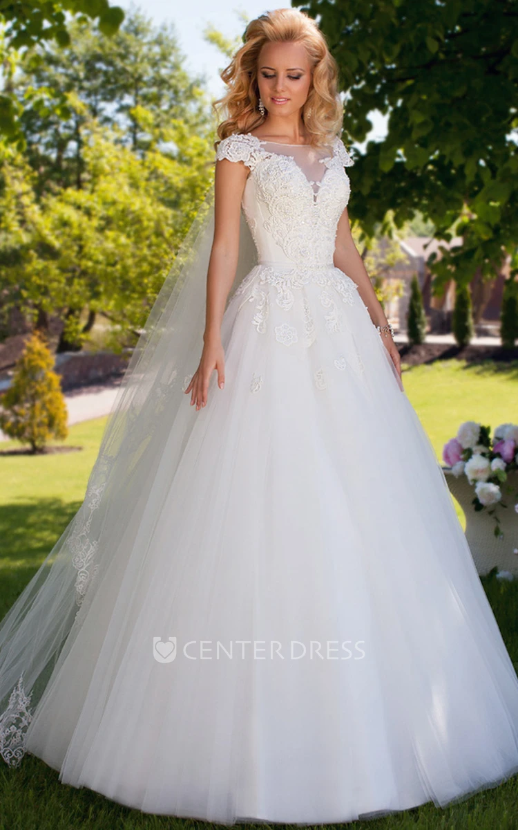 Ball Gown Cap Sleeve Appliqued Bateau Neck Tulle Wedding Dress