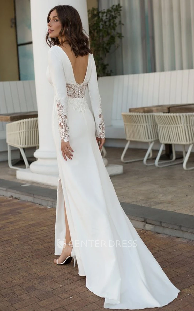 Satin V neck Sheath Long Sleeve Sweep Train Open Back Wedding Dress With Split Front UCenter Dress