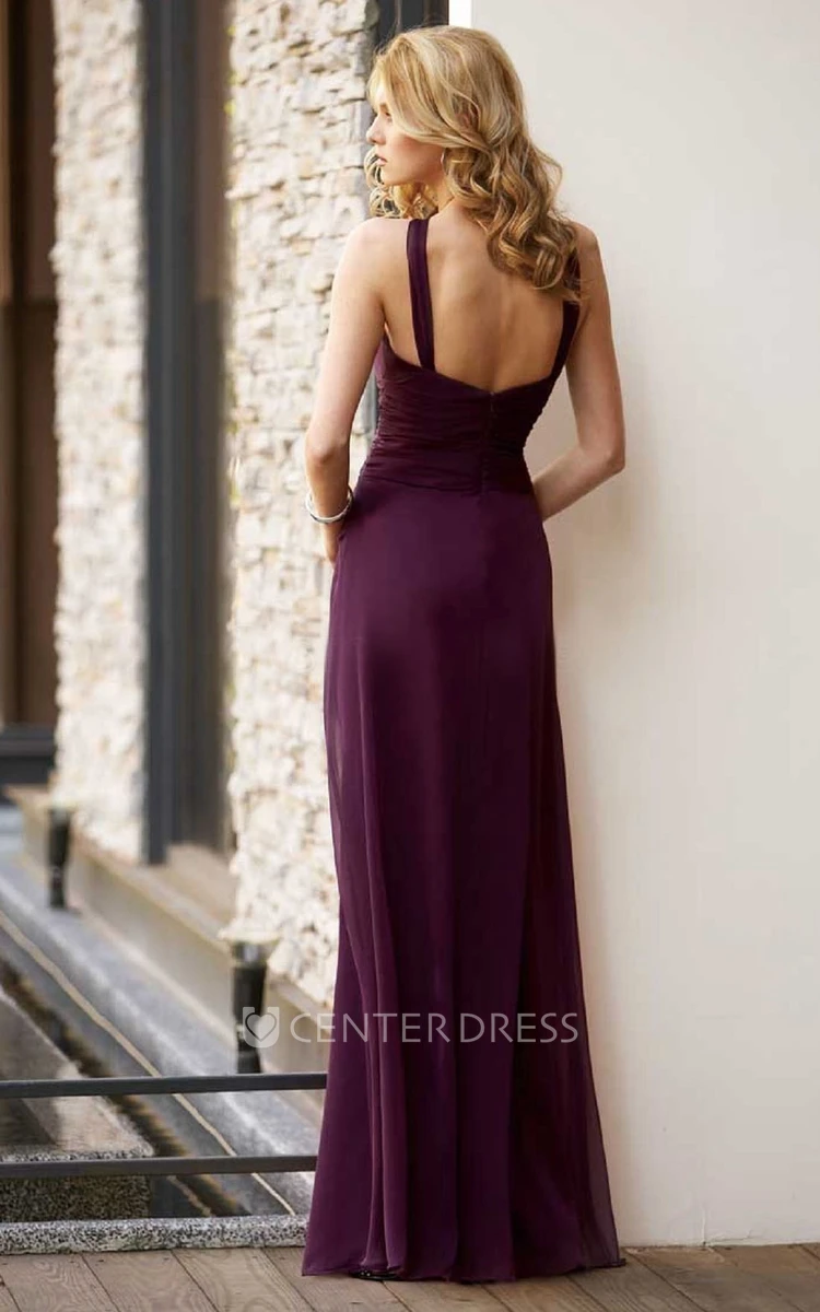 High-Neck Long Bridesmaid Dress With Illusion Style And Pleats