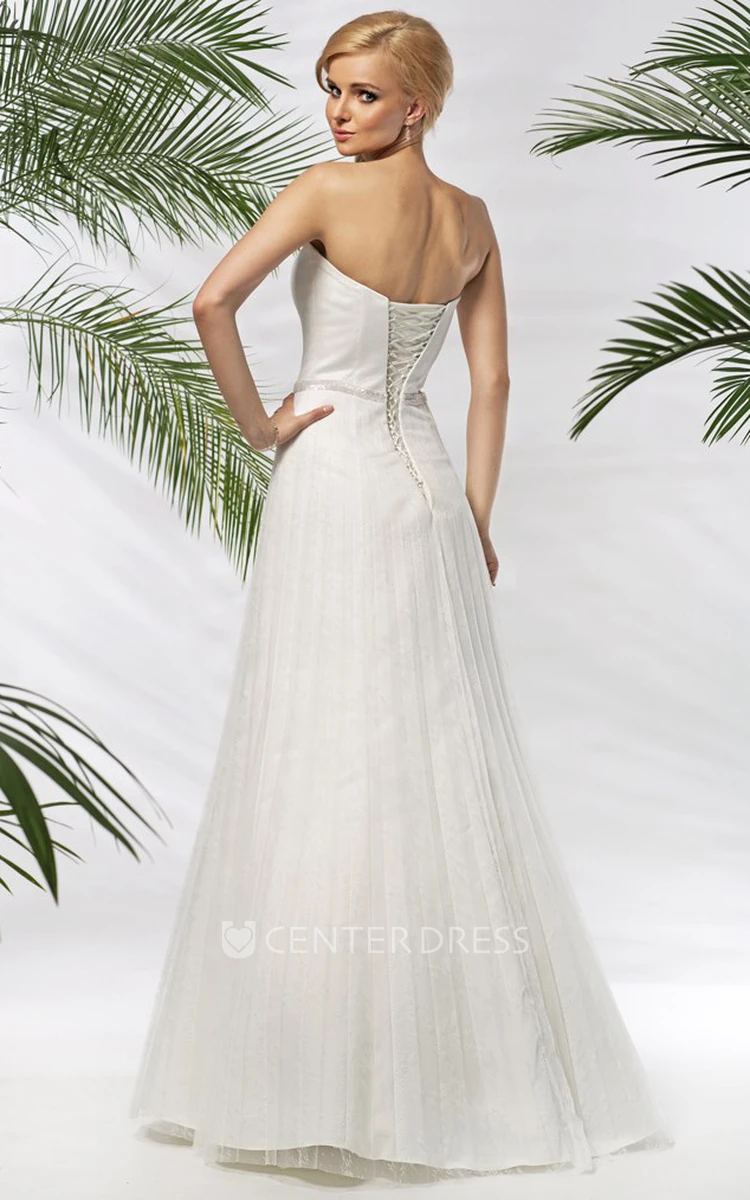 A-Line Strapless Long Pleated Satin&Tulle Wedding Dress With Waist Jewellery And Corset Back