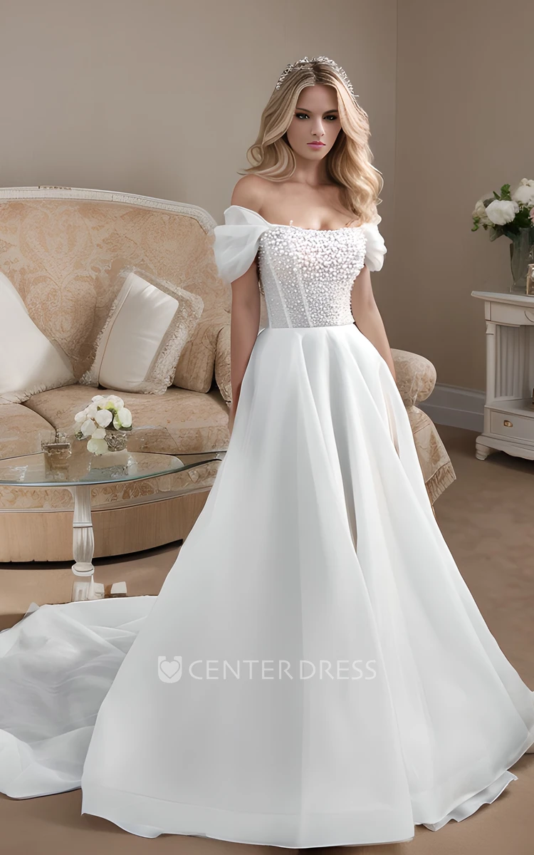 Elopement Sexy Off-the-Shoulder A-Line Pearl Wedding Dress Flowy Airy Beach Garden City Hall Organza Lace-Up Style Bridal Gown