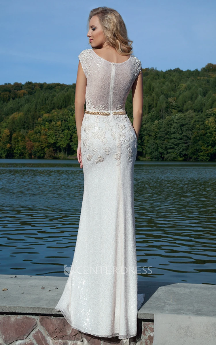 Pencil Appliqued Sleeveless Long Queen-Anne Lace Prom Dress With Illusion Back