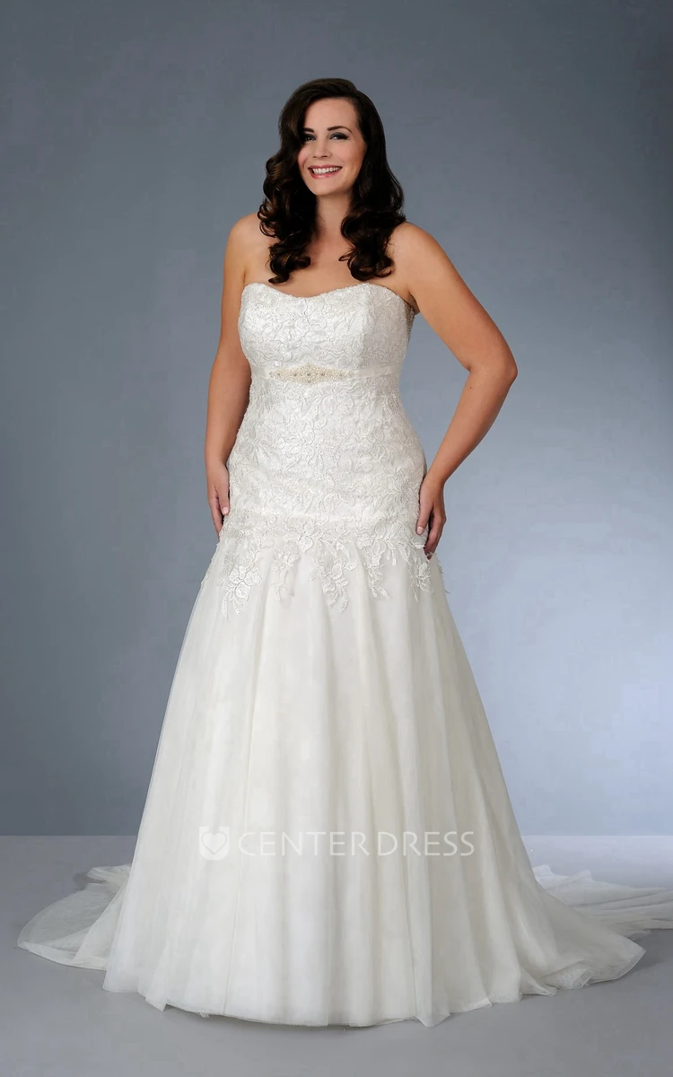 Strapless Appliqued Dress With Jeweled Waist And Corset Back