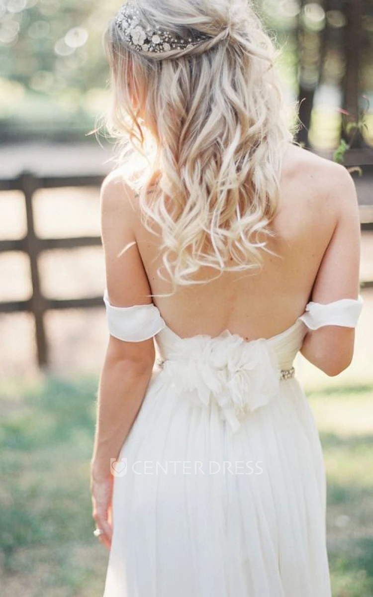 A Line Off-the-shoulder Chiffon Open Back Wedding Dress