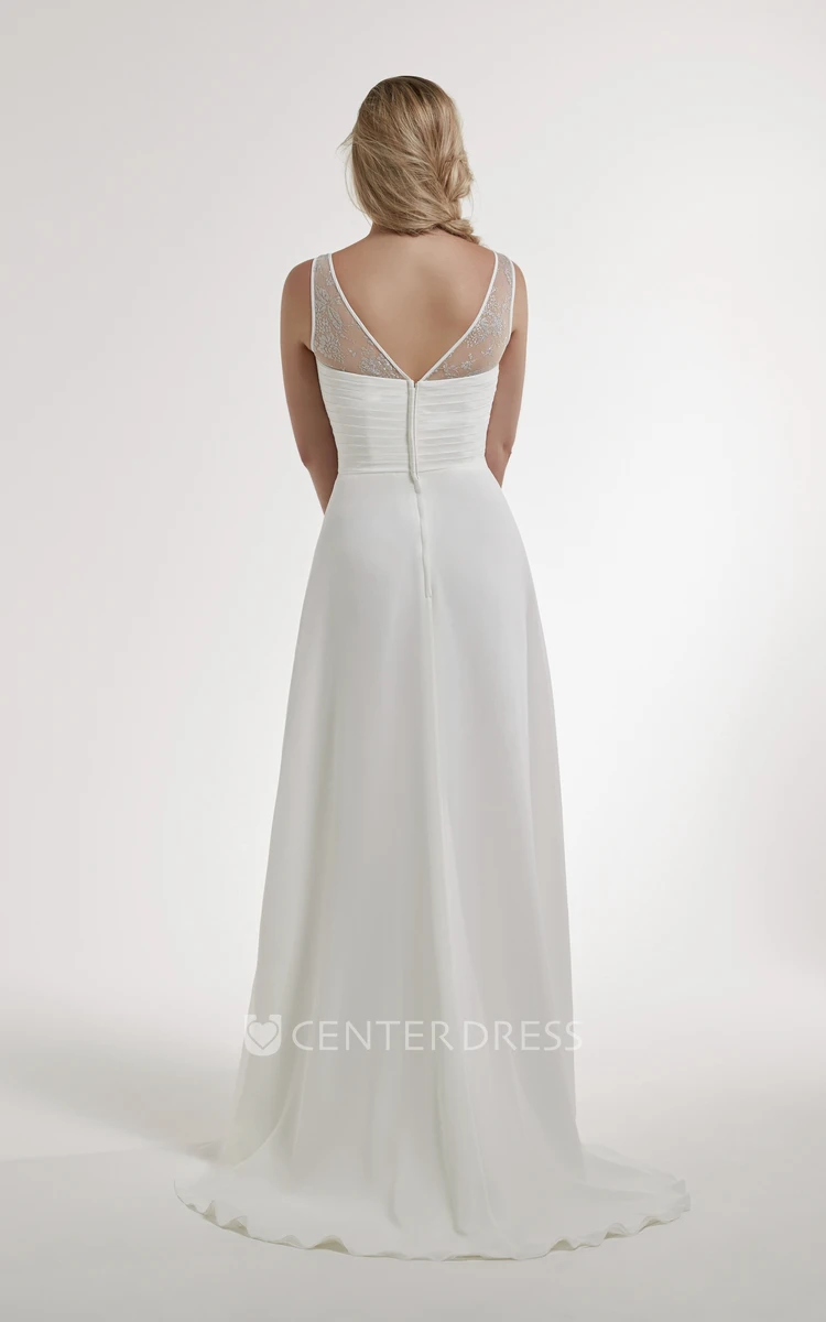 A-Line Bateau Sleeveless Long Beaded Chiffon Wedding Dress With Low-V Back And Ruching