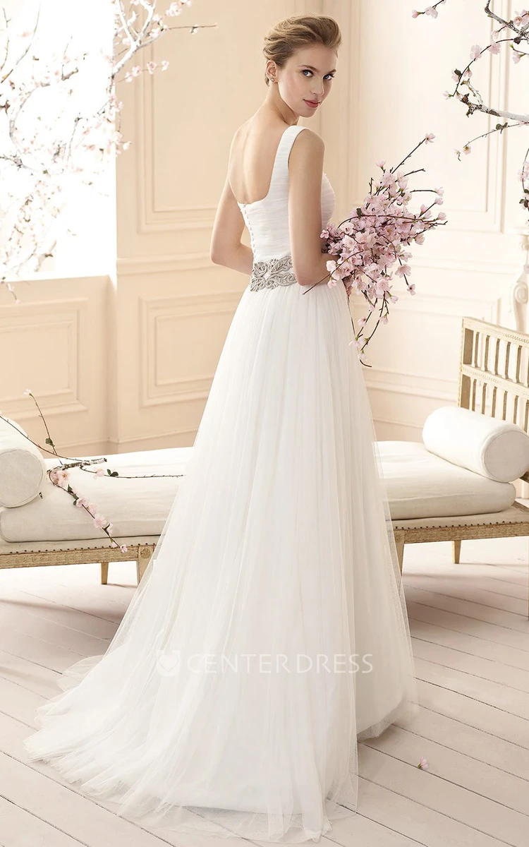 A-Line Square-Neck Sleeveless Ruched Maxi Tulle Wedding Dress With Waist Jewellery