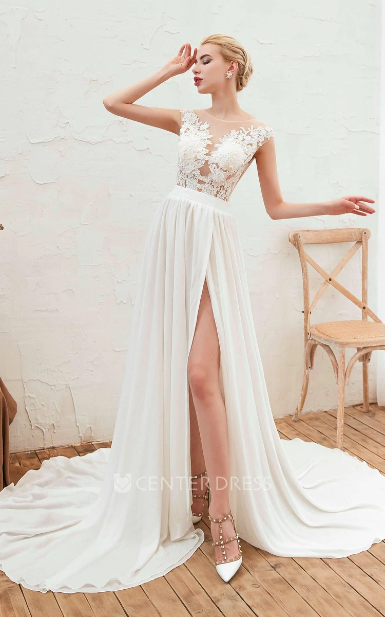 Elegant A-line Illusion Cap Sleeve Split Front Chiffon Bridal Gown With Lace Appliques