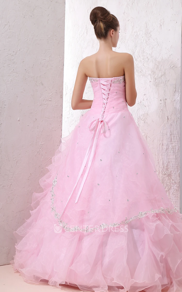 Sweetheart Sleeveless Ball Gown Organza Prom Dress With Beaded Top And Ruffles