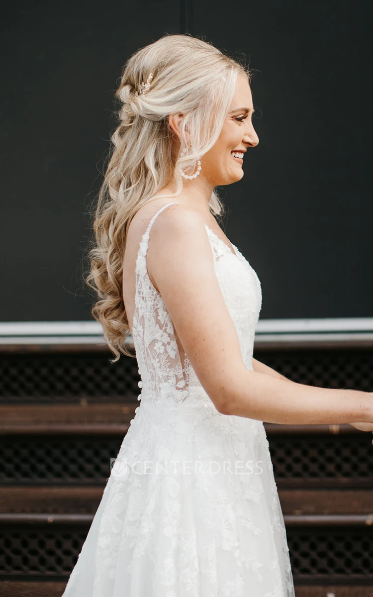 Spaghetti Neckline Elegant Chiffon Sweep Train Lace Petals Country Wedding Dress