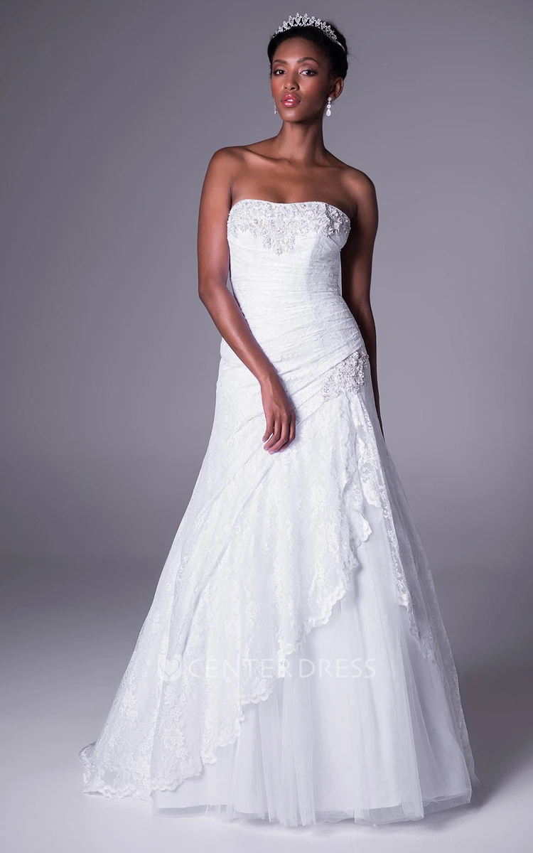 A-Line Strapless Side-Draped Maxi Sleeveless Lace Wedding Dress With Appliques