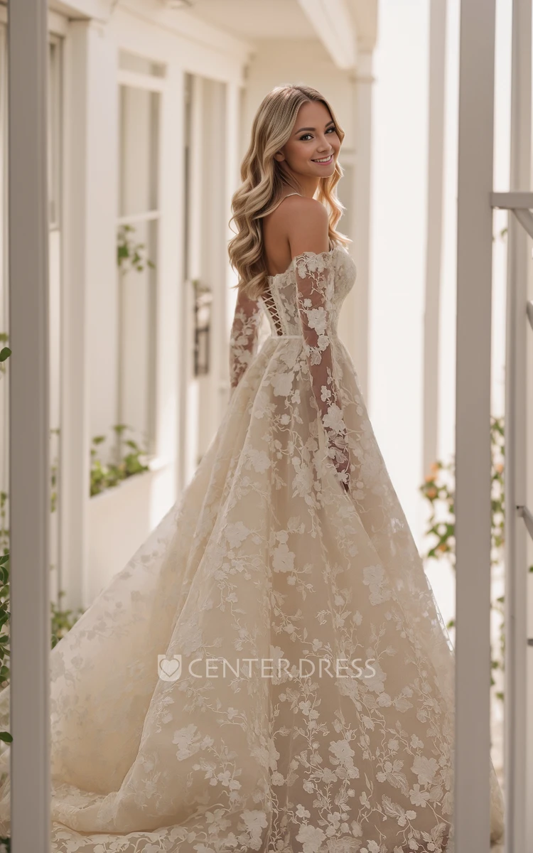 Classic Floral A-Line Lace Ballgown Princess Wedding Dress Ethereal Sexy Sweetheart Neckline Off-the-Shoulder Long Sleeve Bridal Gown