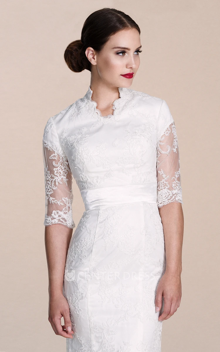 Half-sleeved Sheath Lace Dress With Illussion Detail