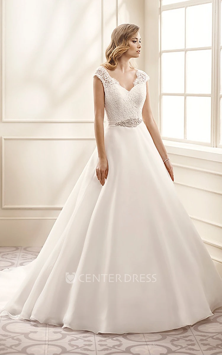 A-Line Cap-Sleeve V-Neck Jeweled Floor-Length Chiffon&Lace Wedding Dress With Appliques And V Back