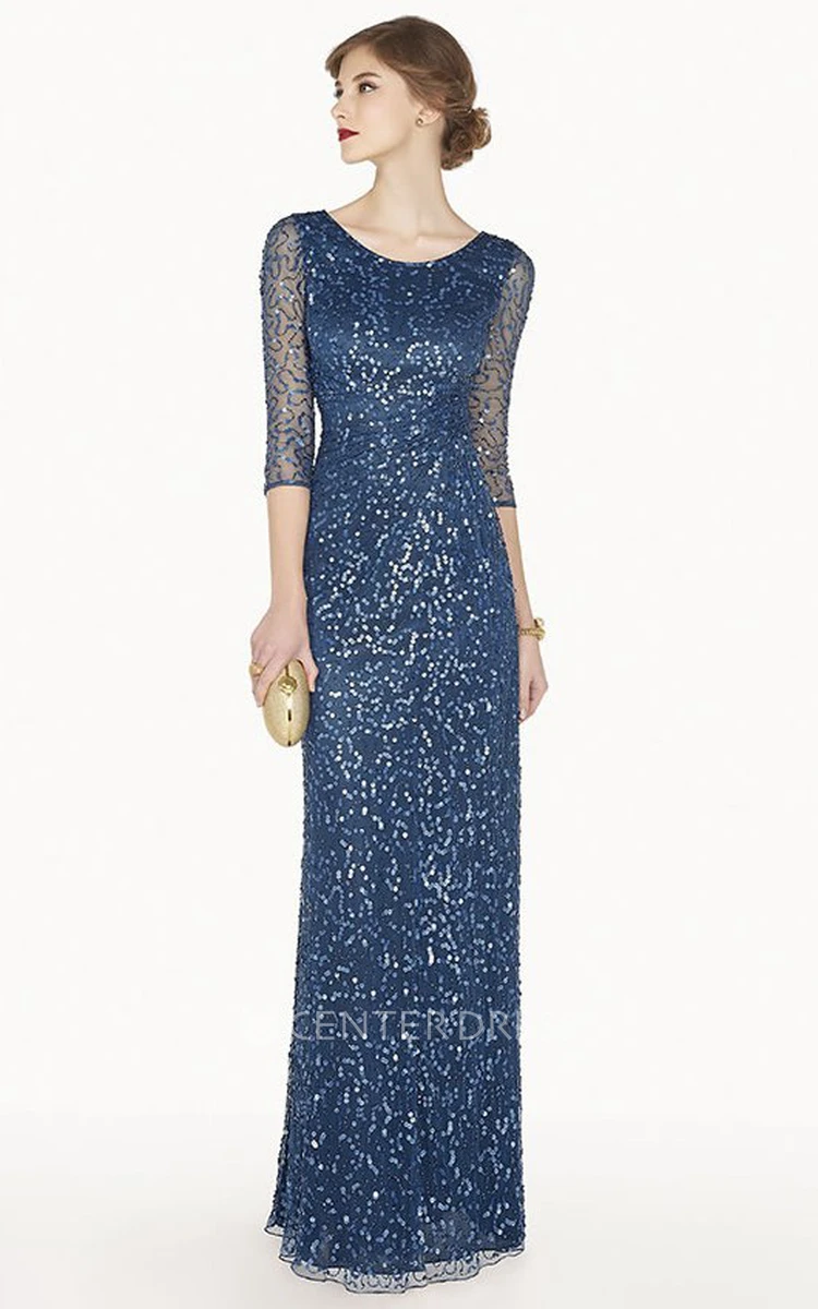 Scoop Neck 3-4 Illusion Sleeve Sheath Sequin Long Prom Dress With Beadings