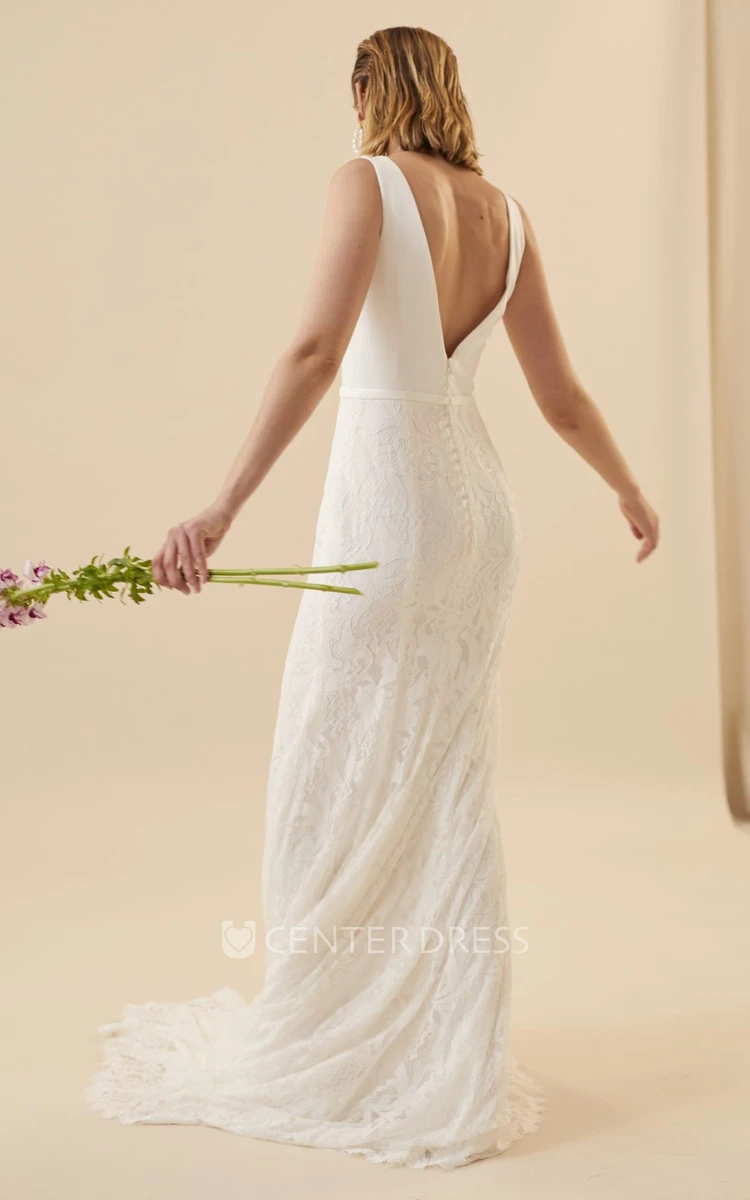 Modern Sheath Sleeveless Floor-length Lace Low-V Back Wedding Dress
