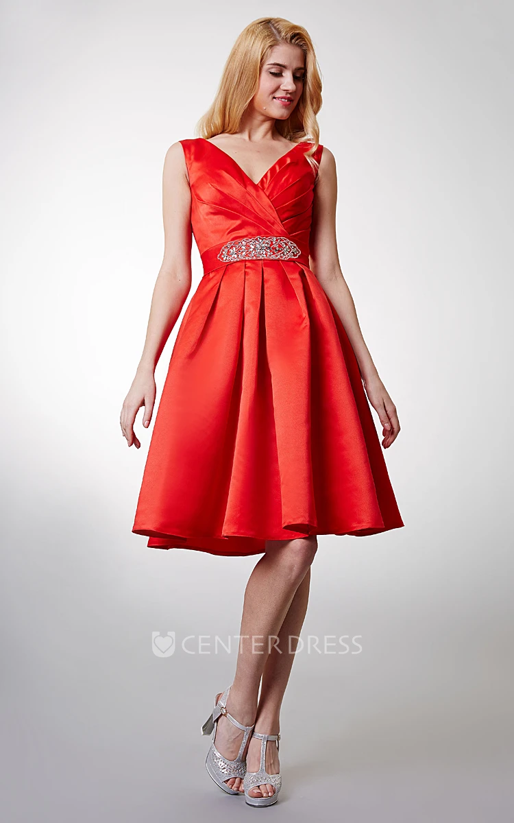 Criss-cross Bodice Knee-length A-line Satin Dress With Shiny Sash
