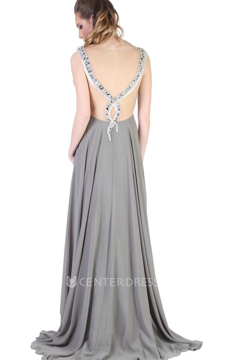 Empire Floor-Length Jewel-Neck Sleeveless Ruched Chiffon Evening Dress With Beading And Pleats