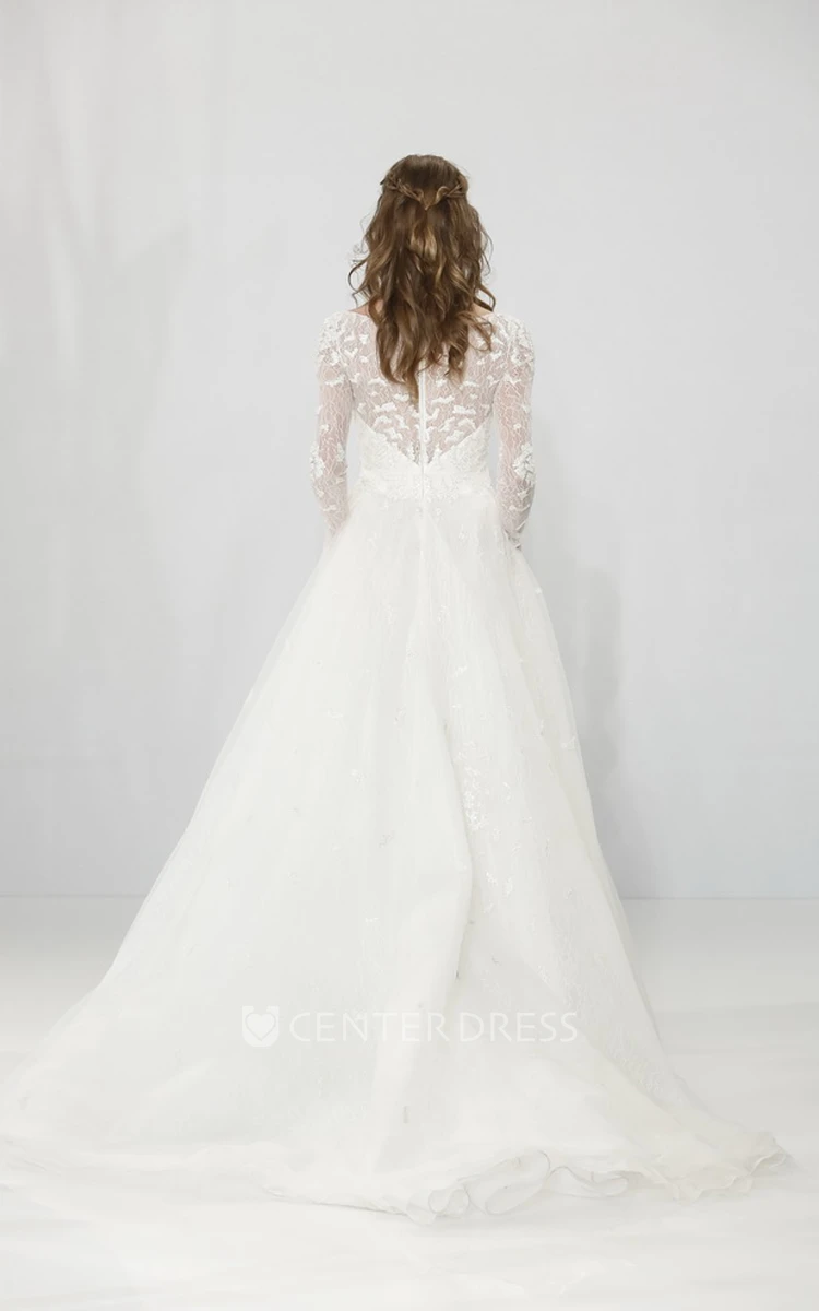 A-Line V-Neck Long-Sleeve Tulle Wedding Dress With Beading And Illusion